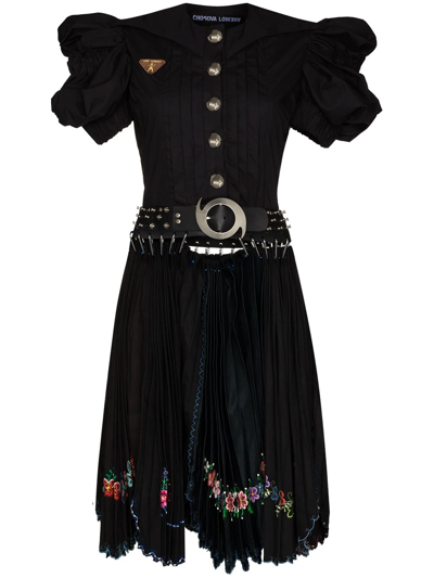 Chopova Lowena Avalanche Belted Embroidered Cotton Puff Sleeve Dress In Black