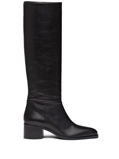 Prada Pointed Toe Knee High Boots In Black