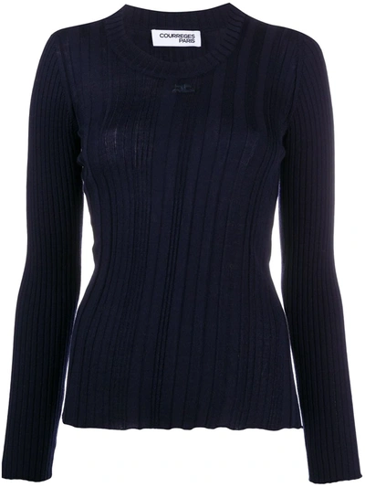 Courrèges Long Sleeved Ribbed Logo Top In Blue