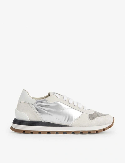 Brunello Cucinelli Metallic Mesh And Suede Mid-top Trainers In White