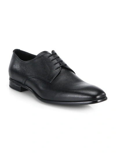 Prada Spazzolato Saffiano Leather Derby Loafers In Black