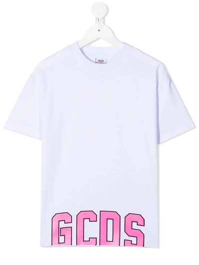 Gcds Kids' Logo Printed Cotton Jersey T-shirt In White,fuchsia