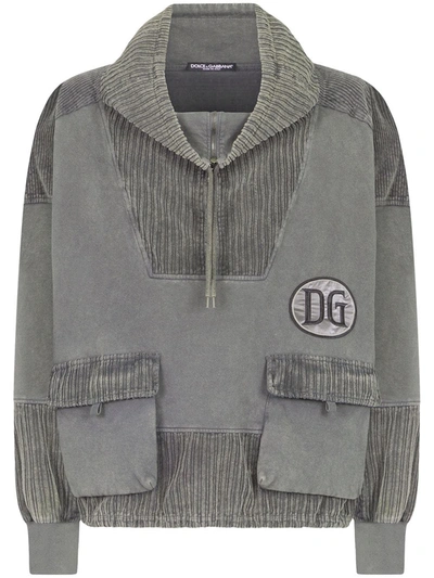 Dolce & Gabbana Corduroy Logo Patch Hoodie In Grey