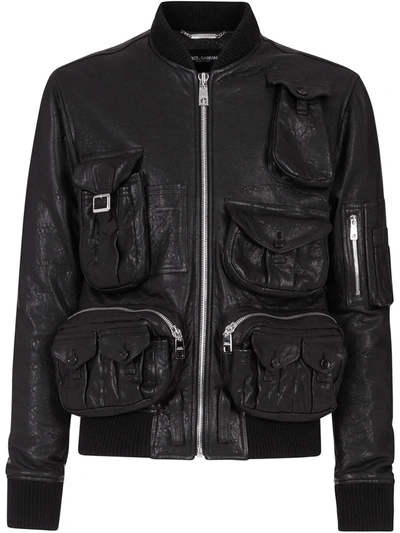 Dolce & Gabbana Leather Coat With Multiple Pockets In Black