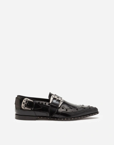 Dolce & Gabbana Slippers In Star Calfskin With Stone Embroidery In Black