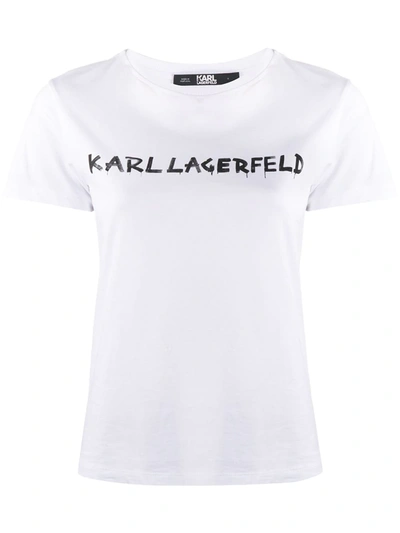 Karl Lagerfeld Women's T-shirt Short Sleeve Crew Neck Round Graffiti Logo In White