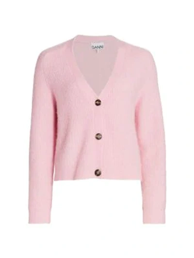 Ganni Button Front V-neck Cardigan In Pink