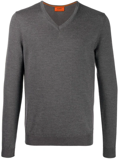 Hugo Boss Rib-trimmed V-neck Jumper In Grey