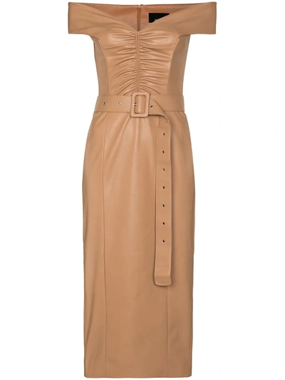 Anouki Bardot Faux Leather Off-the-shoulder Dress In Brown