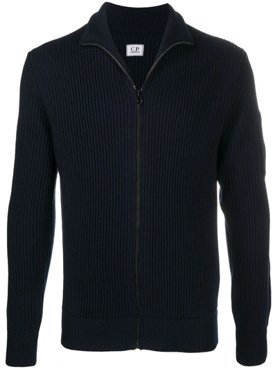 C.p. Company Zipped Ribbed Cardigan In Blue
