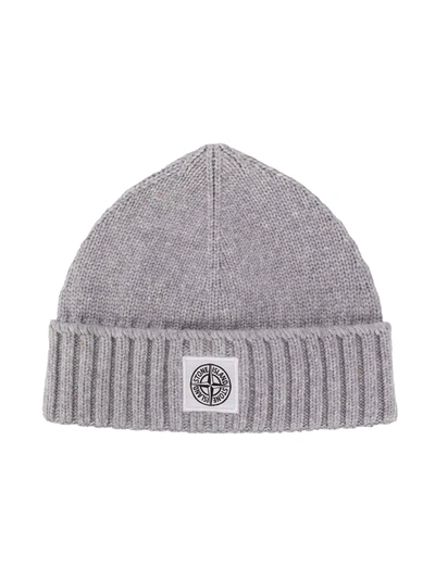 Stone Island Junior Kids' Logo Patch Beanie Hat In Grey