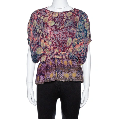 Pre-owned Etro Purple Leaf Print Silk Chiffon Peplum Blouse S