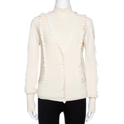 Pre-owned Valentino Cream Wool Knit Lace Trim Jumper & Cardigan Set M