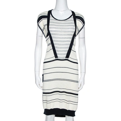 Pre-owned Kenzo Off White & Navy Striped Cotton Knit Jumper Dress L