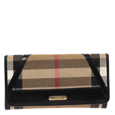 Pre-owned Burberry Beige/black House Check Fabric And Leather Leighton Continental Wallet In Brown