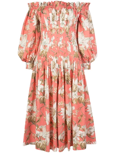 Oscar De La Renta Off-the-shoulder Pleated Floral-print Cotton-blend Poplin Dress In Neutrals