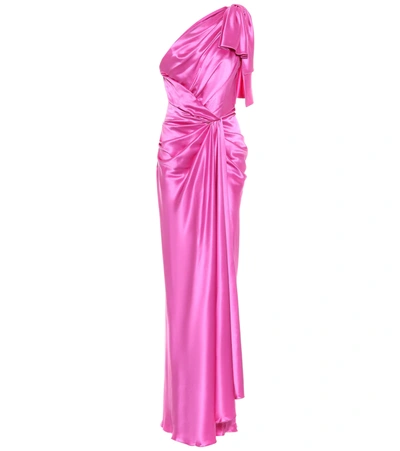 Dolce & Gabbana Long One-shoulder Silk Dress With Bow Detail In Pink