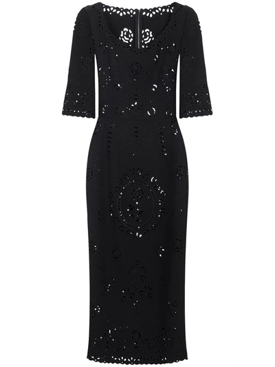 Dolce & Gabbana Short-sleeved Cady Midi Dress With Intaglio Detailing In Black