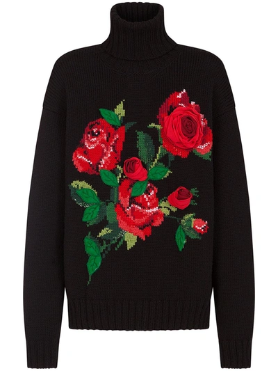 Dolce & Gabbana Turtle-neck Sweater With Rose Embroidery In Multicolor