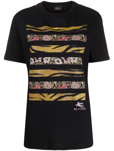 Etro T-shirt With Floral And Animal-print Patterns In Black