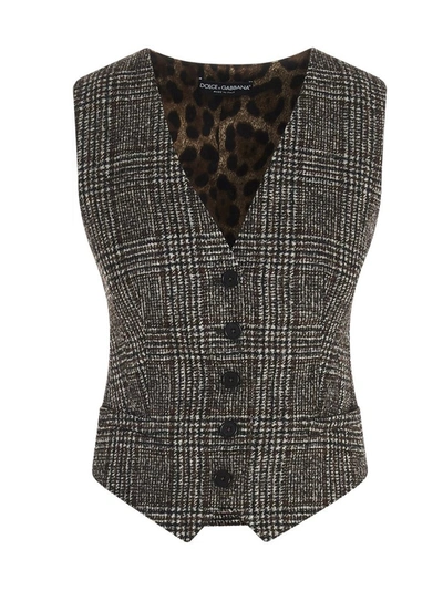 Dolce & Gabbana Prince Of Wales Leopard Patterned Vest In Multi