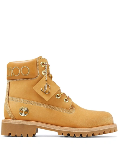Jimmy Choo + Timberland Embroidered Leather-trimmed Glittered Nubuck Ankle Boots In Wheat_gold