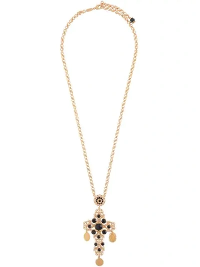 Dolce & Gabbana Cross Pendant Long Necklace In Gold And Black