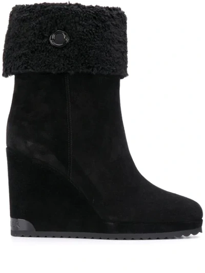 Moncler W Short Shearling-lined Suede Wedge Ankle Boots In Black