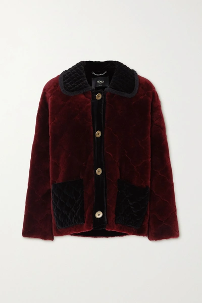 Fendi Ruffled Velvet-trimmed Quilted Shearling Coat In Red