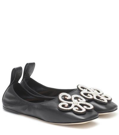Loewe Faux Pearl-embellished Leather Ballet Flats In Black