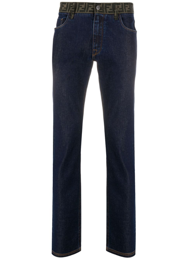Fendi Ff-logo Waistband Slim-leg Jeans In Blue
