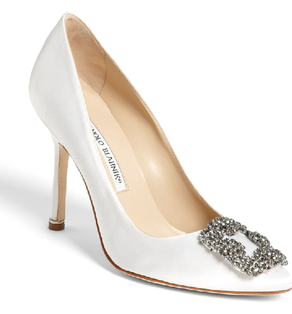 Manolo Blahnik 'hangisi' Jewel Pump In White Satin/ Pewter Crystal ...