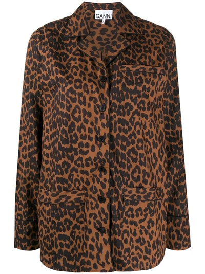 Ganni Leopard Print Pyjama Shirt In Brown