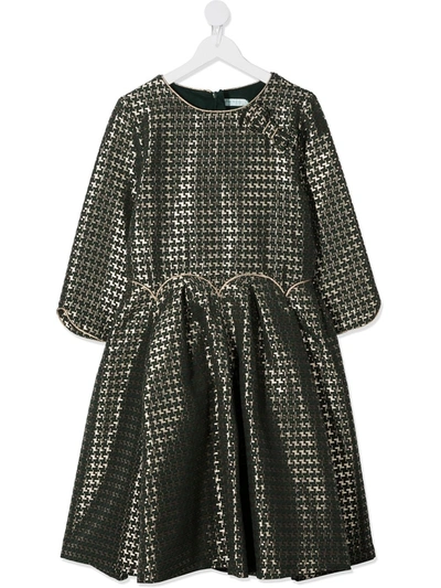 Abel & Lula Teen Houndstooth Pattern Flared Dress In Green