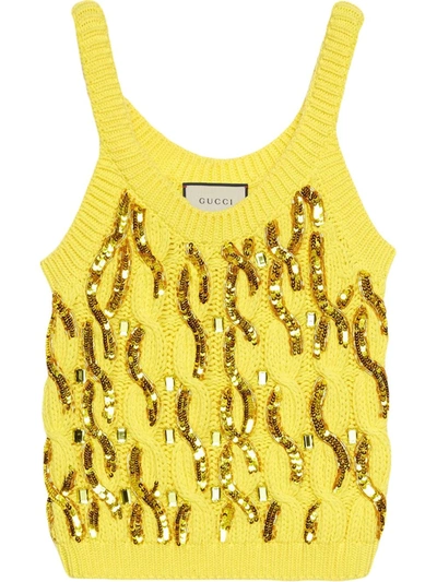 Gucci Cable Knit Wool Tank Top With Sequins In Yellow