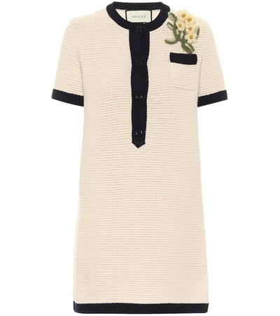 Gucci Short Wool Dress With Flower Brooch In Blue