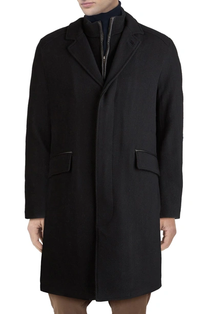 Cole Haan Men's Layered Look Classic-fit Twill Topcoat With Faux-leather Trim In Black
