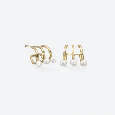 Gold & Roses Triple Hoop Pearls Earrings In Gold