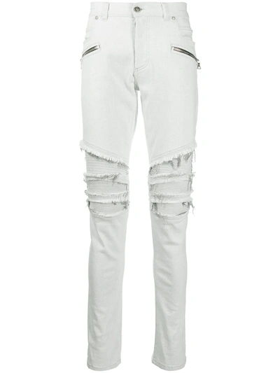 Balmain Ribbed Knees Ripped Skinny Jeans In White