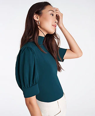 Ann Taylor Puff Sleeve Mock Neck Top In Deep Emerald Teal