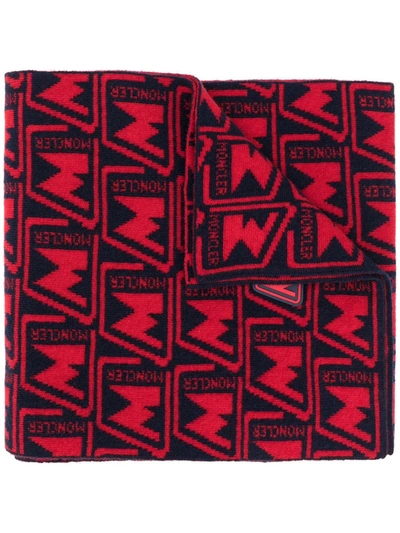 Moncler Logo Pattern Knitted Scarf In Red