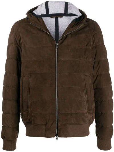 Herno Hooded Suede Bomber Jacket In Brown