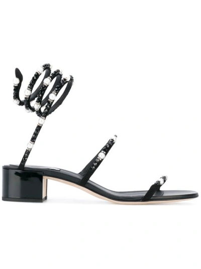 René Caovilla Pearl And Crystal Ankle Wrap Sandals In Black
