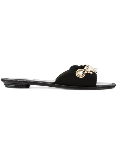 René Caovilla Strass Faux Pearl Embellished Suede Slide Sandals In Black