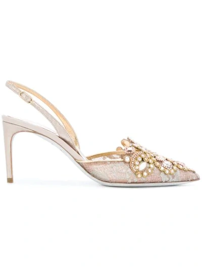 René Caovilla Lace Embroidered Slingback Pumps In Pink Grey