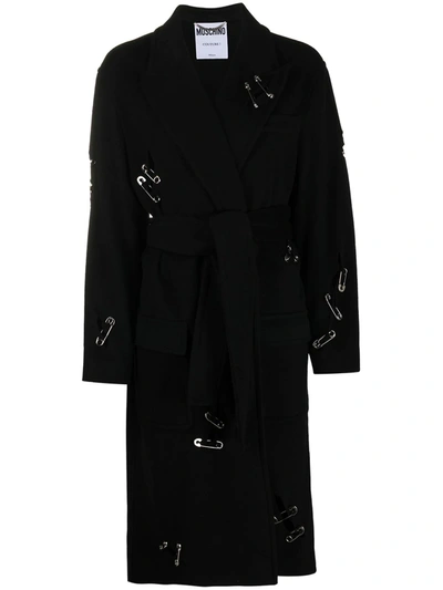 Moschino Safety Pin Detail Belted Coat In Black