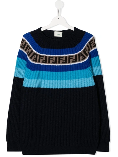 Fendi Kids' Logo-stripe Intarsia-knit Jumper In Black