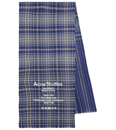Acne Studios Logo-print Fringed Checked Wool Scarf In Blue