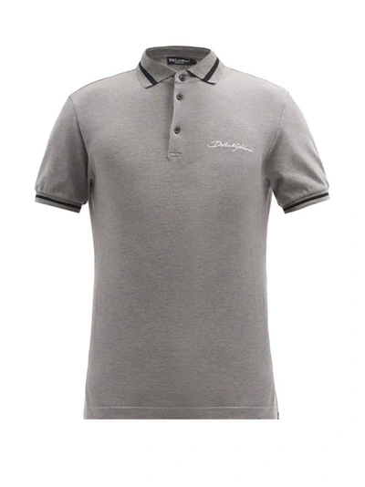 Dolce & Gabbana Logo-embroidered Contrast-tipped Cotton-piqué Polo Shirt In Grey