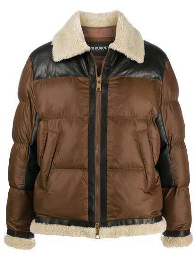 Neil Barrett Down Jacket In Leather Shearling And Fabric In Brown,black,beige